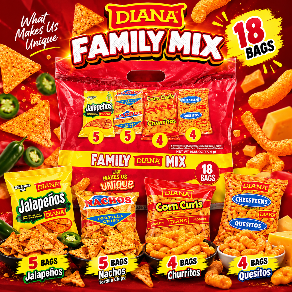 Diana Variety Pack 18 Count / Paquete Surtido Diana 18 Unidades – Salvadoran Snacks, Snacks Salvadoreños, Central American Chips - Elotito, Maiz Chino, Palitos, Jalapeños / Nachos, Churritos, Quesitos