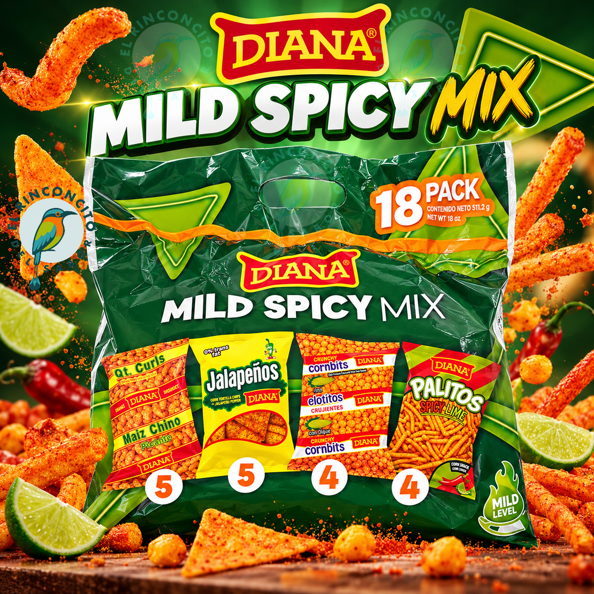 Diana Variety Pack 18 Count / Paquete Surtido Diana 18 Unidades – Salvadoran Snacks, Snacks Salvadoreños, Central American Chips - Elotito, Maiz Chino, Palitos, Jalapeños / Nachos, Churritos, Quesitos