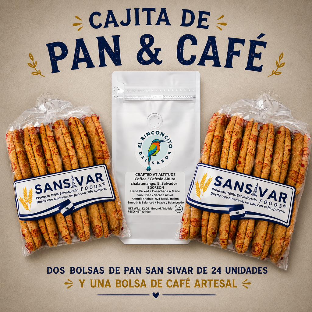 Cajita de Pan & Café Salvadoreño | Café Artesanal + Pan Génesis, Pan San Sivar (24 Unidades x2) o Pan Sinaí 14 Unidades
