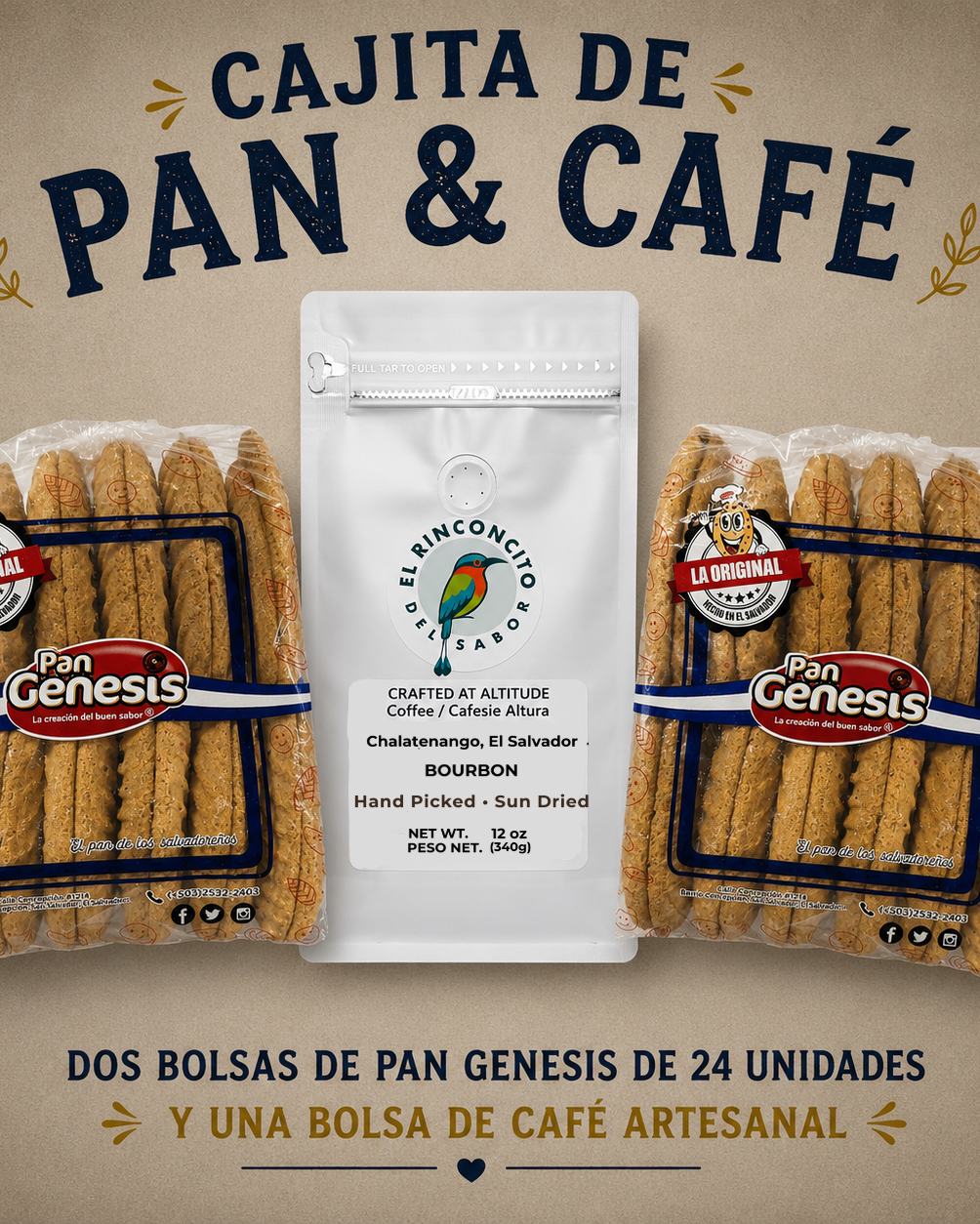 Cajita de Pan & Café Salvadoreño | Café Artesanal + Pan Génesis, Pan San Sivar (24 Unidades x2) o Pan Sinaí 14 Unidades