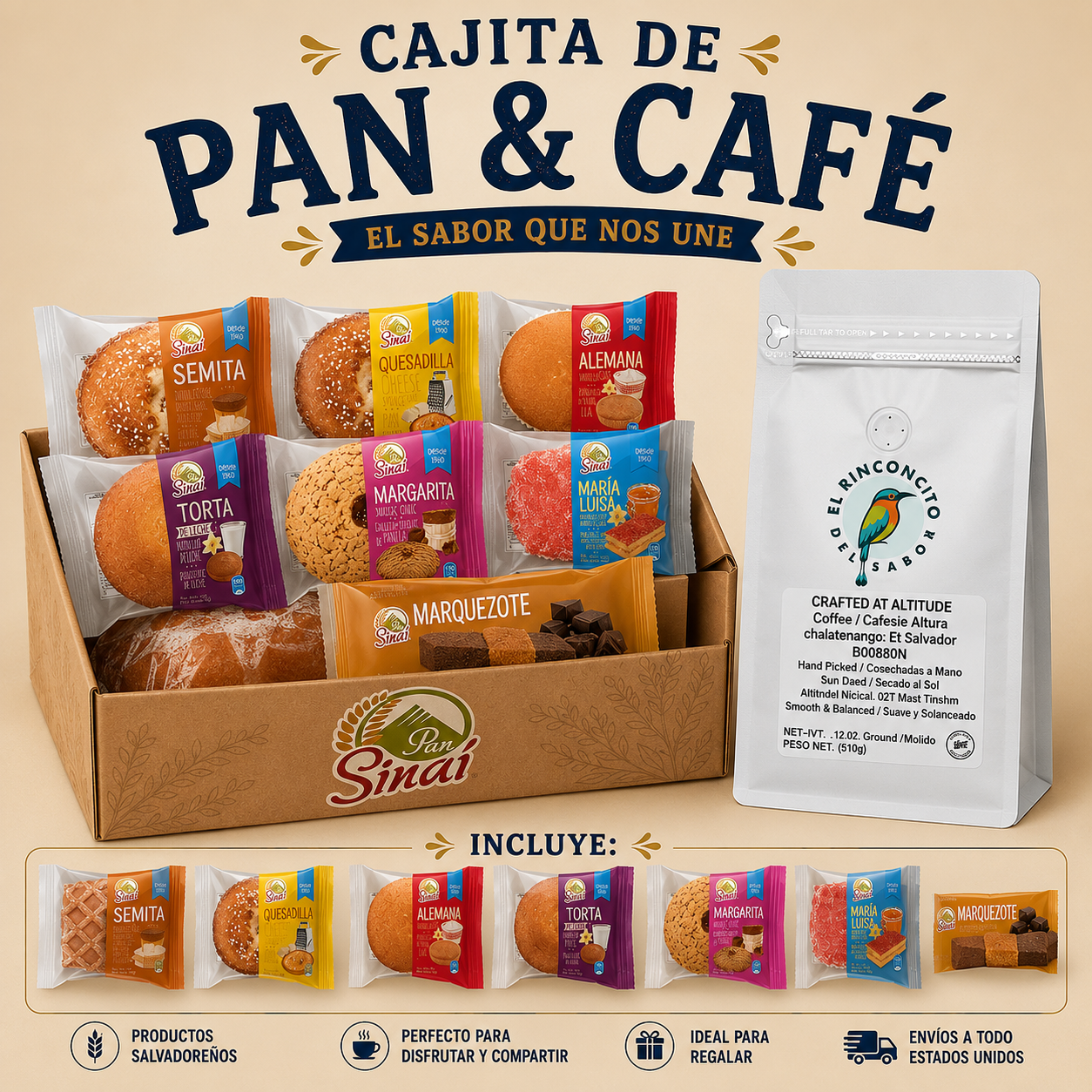 Cajita de Pan & Café Salvadoreño | Café Artesanal + Pan Génesis, Pan San Sivar (24 Unidades x2) o Pan Sinaí 14 Unidades