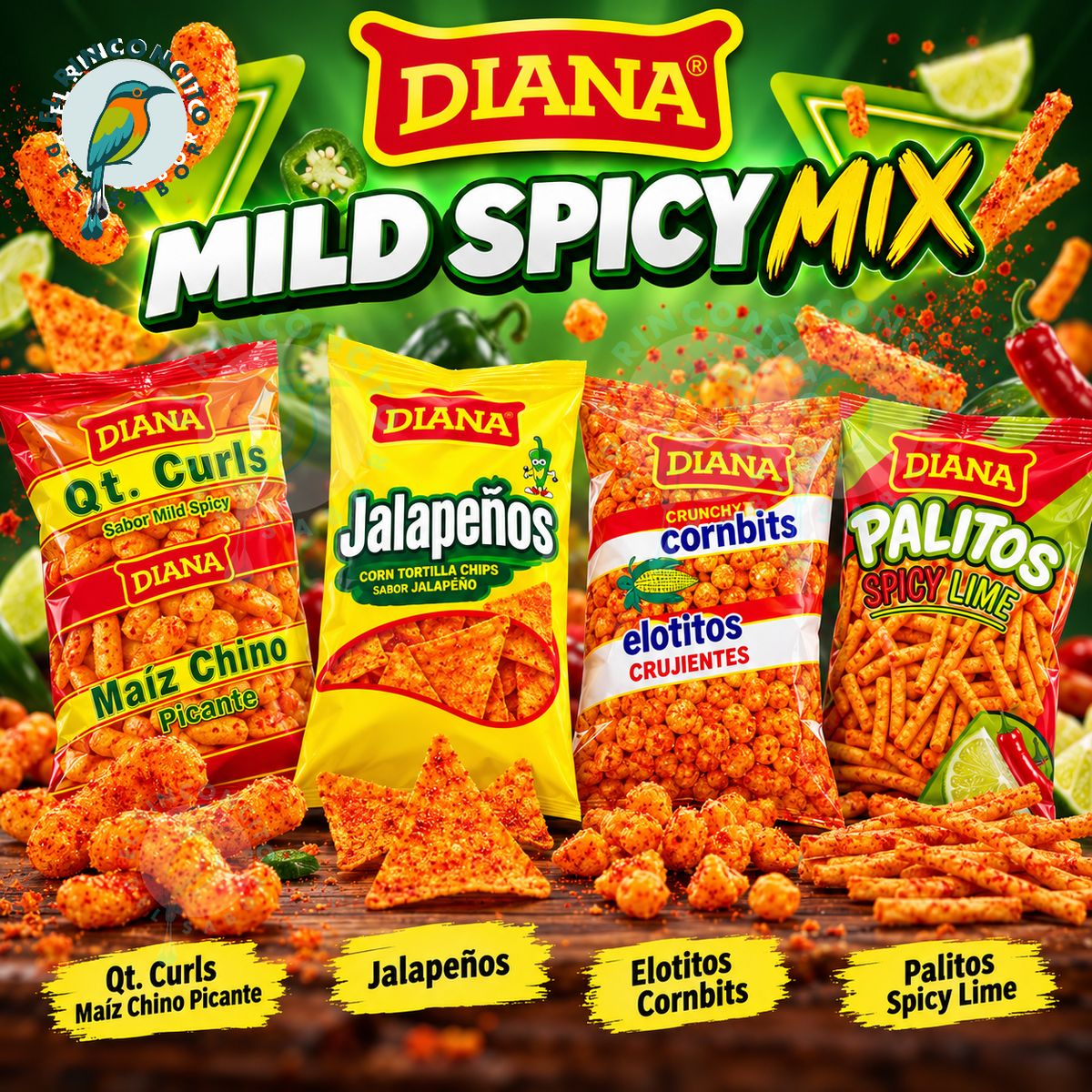 Diana Variety Pack 18 Count / Paquete Surtido Diana 18 Unidades – Salvadoran Snacks, Snacks Salvadoreños, Central American Chips - Elotito, Maiz Chino, Palitos, Jalapeños / Nachos, Churritos, Quesitos