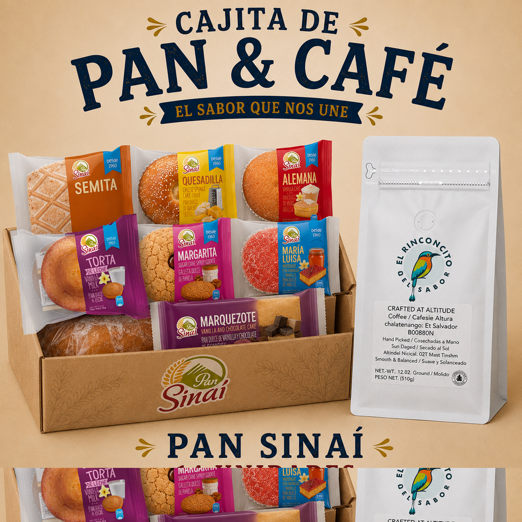 Cajita de Pan & Café Salvadoreño | Café Artesanal + Pan Génesis, Pan San Sivar (24 Unidades x2) o Pan Sinaí 14 Unidades