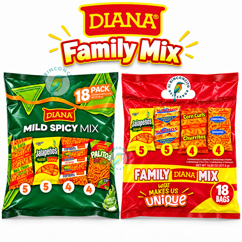 Diana Variety Pack 18 Count / Paquete Surtido Diana 18 Unidades – Salvadoran Snacks, Snacks Salvadoreños, Central American Chips - Elotito, Maiz Chino, Palitos, Jalapeños / Nachos, Churritos, Quesitos
