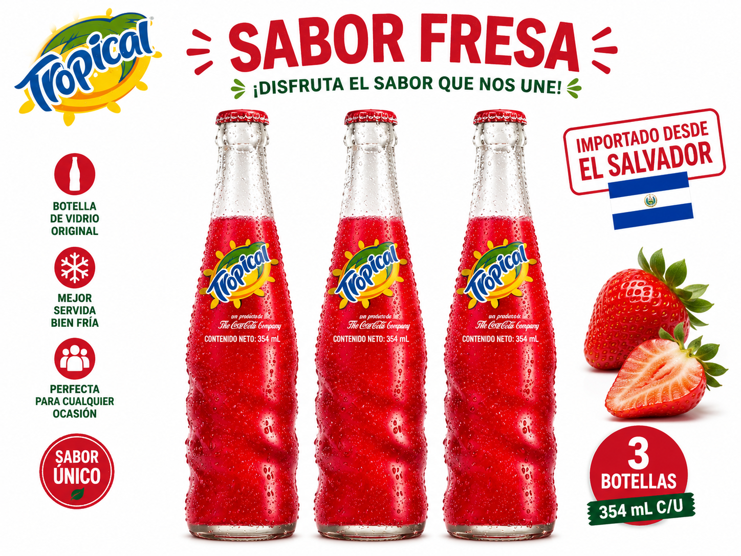 Bebidas Carbonatadas de El Salvador Variedad, Tropical, Coca Cola, Fresca 3 Pack Varieda de Sabor de Centroamérica Importadas